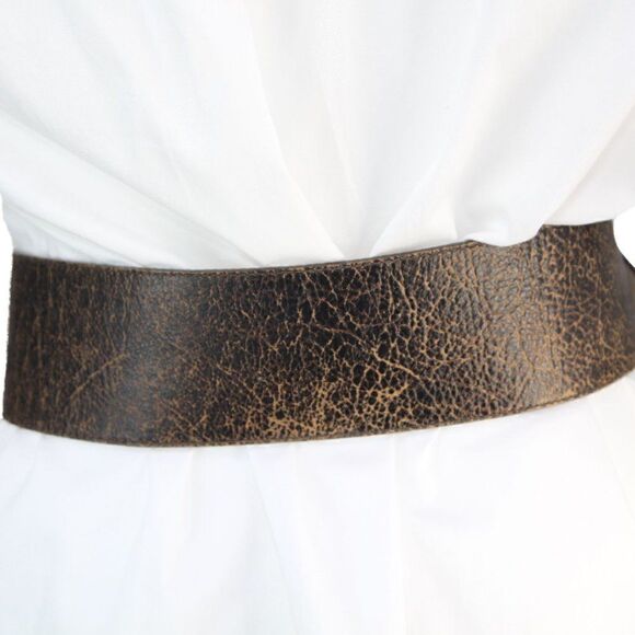 LEATHEROCK Black/Brown Crackle Leather Wide Belt, Snakeskin Belt Buckle, Size 32 main image 5